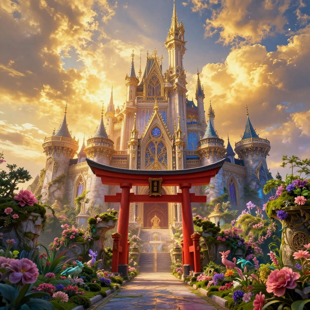 Grand castle with mix of Western and Eastern styles sits atop clouds. Bright garden with flowers and tiny animals surrounds it. Red gate leads to the castle. Warm sunlight highlights details. Colors mix gold, blue, and purple for a magical look.