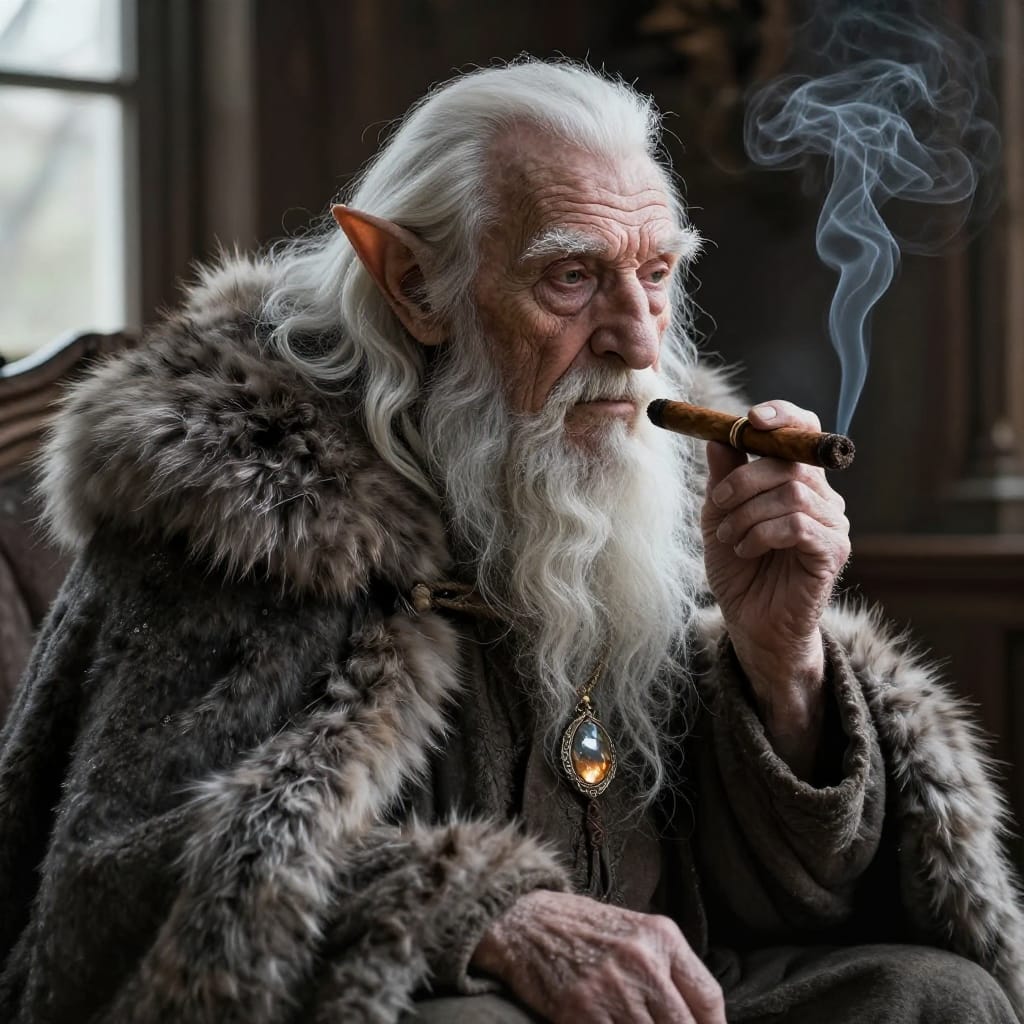 Old elf-like figure sits in a cozy room with soft light. Thick fur cloak, white beard, and glowing pendant catch light. Wooden cigar smokes gently. Hyperrealistic textures show weathered skin, rich wood, and soft shadows. Mood feels wise and mysterious.