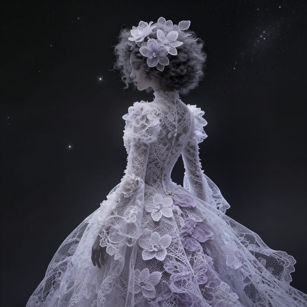 A woman in a detailed lace gown turns away, hair with softly glowing flowers. Celestial details fill the dark background. Soft light highlights her silhouette. Cool tones and surreal elements create a mystical, dreamlike scene.