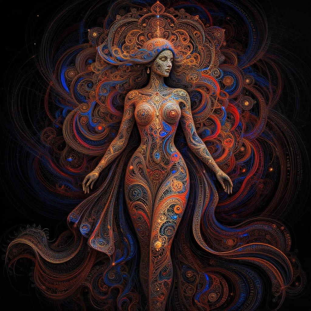 A woman in super detailed, symmetrical outfit with mandala patterns and numbers. Dark background with bright colors swirls around her. High-res digital art blends surreal shapes and precise lines. Feels mysterious and rich.