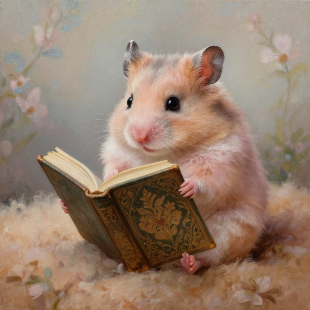 A fluffy rodent reads a vintage book on a soft blanket. The book has leafy patterns, the blanket is textured. Background blooms in soft blues and whites. Gentle light highlights the rodent and book. Muted pinks, browns, and greens create a calm, magical moment.