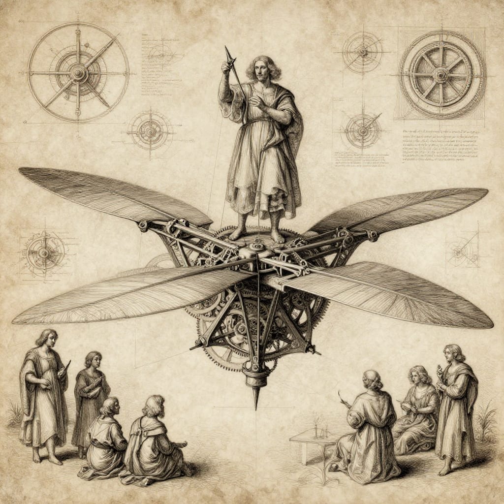 A detailed pen and ink drawing of da Vinci's flying machine on aged paper. Central figure holds a compass, others observe. Mechanical parts, gears, wings, and small sketches surround it. Monochrome shading highlights intricate details and historical feel.