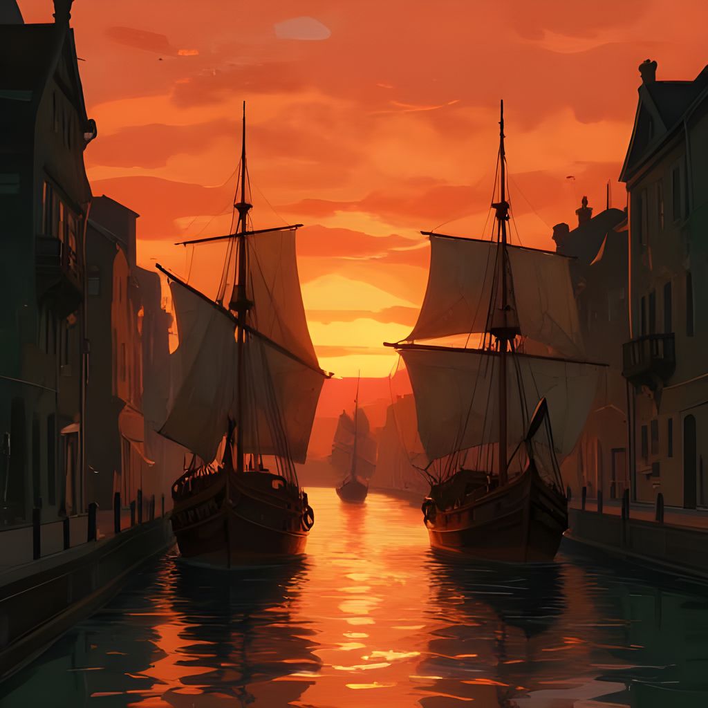 Two sailing ships glide through a canal bordered by old buildings under a fiery sunset. Warm light reflects on water, creating glowing waves. Stylized digital painting shows smooth skies, soft edges, and rich orange-red hues. The scene feels nostalgic, timeless, and full of quiet beauty.