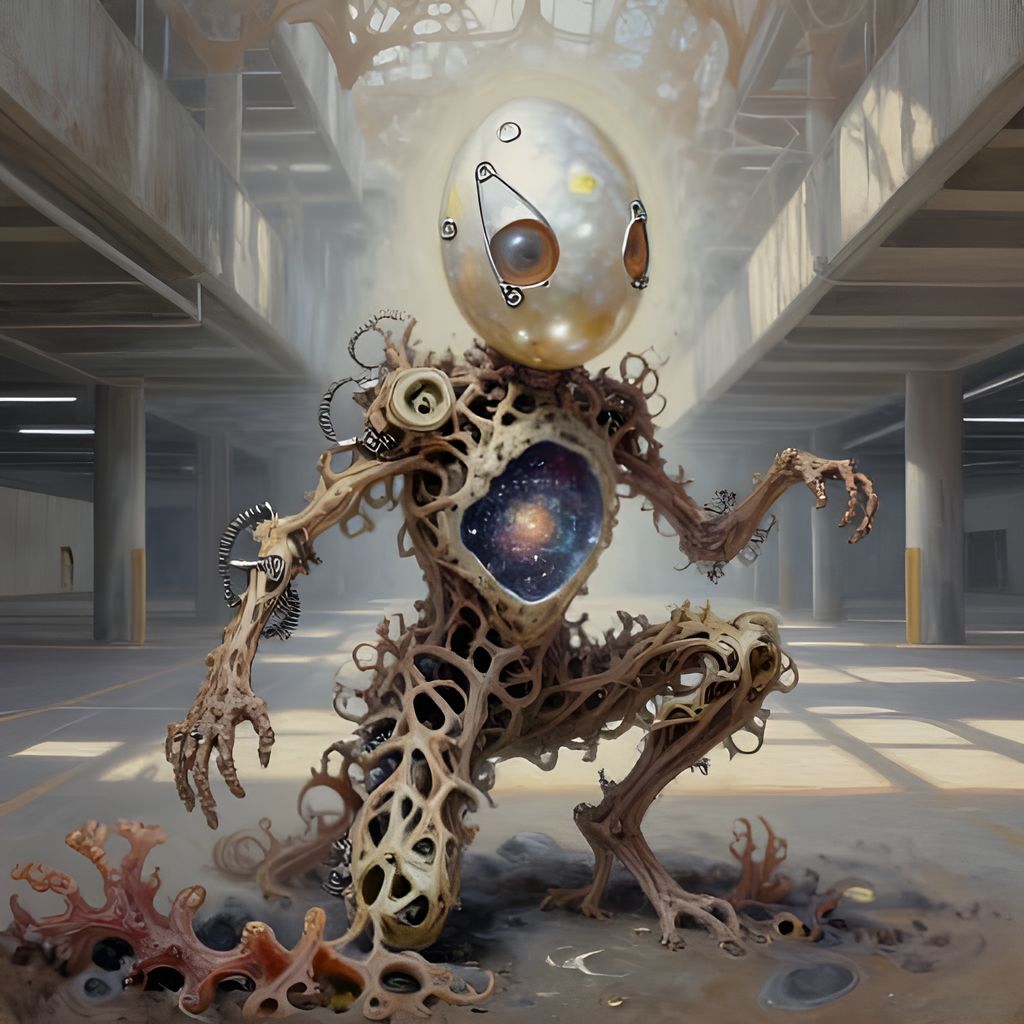 A surreal oil painting shows a creature made of twigs and bones with a glowing pearl egg head. Safety pins pierce its eyes, clock springs coil tightly around arms, revealing a galaxy inside. Legs of shifting coral support a crouched form. The scene unfolds in an infinite parking garage, bathed in dappled light with rich textures and earthy tones.