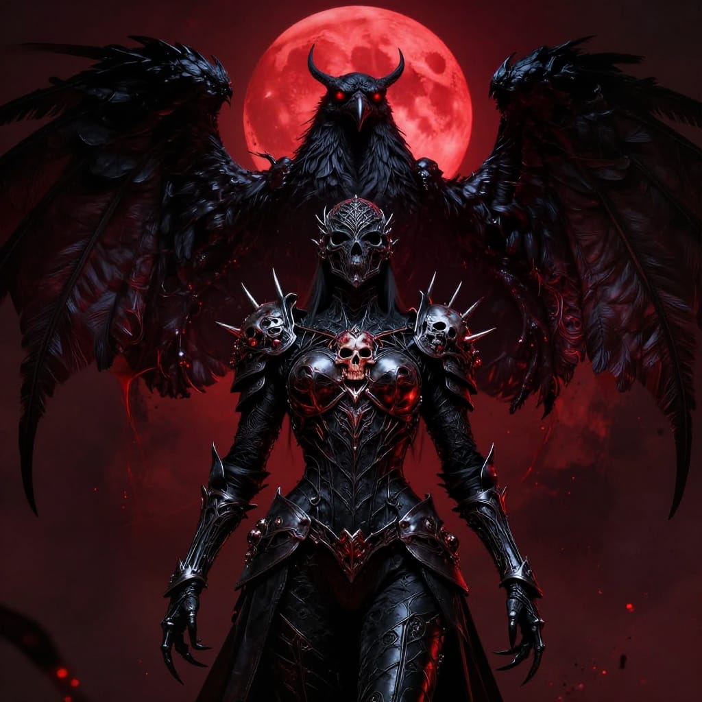 A woman in ornate black armor with glowing skull motifs stands under a crimson full moon. A massive raven-like creature with red eyes and feathered wings looms above. The dark scene features blood splatters and red particles, rendered in high detail with sharp contrasts and vertical symmetry blending dark fantasy, gothic horror, and cyberpunk elements