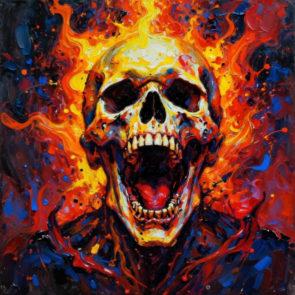 A skull screams with bold paint and vibrant colors. Thick brushstrokes and fiery hues show intense emotion. Dramatic lighting makes it glow, focusing on raw fear and energy.
