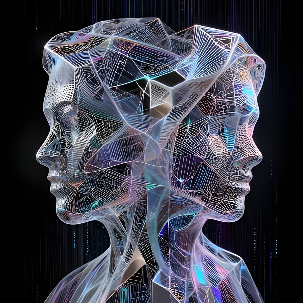 A data sculpture made of copper and enamel blends flowing soap film geometry with sharp data nodes in metallic precision. The piece uses a brushed metal surface with parallel lines for dynamic light effects. Holographic elements and neon reflections add cyberpunk energy, merging algorithmic beauty with organic flow into a complex yet minimalist visual rhythm.