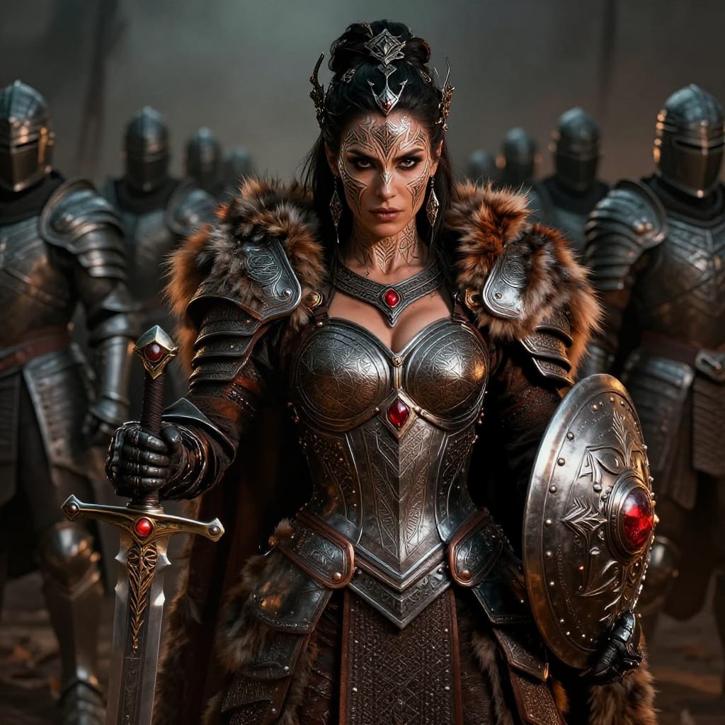 A powerful warrior woman in ornate armor holds a red gem sword. Her face is painted with intricate geometric patterns, and she stands before armored soldiers in layered battlefield depth. Rich earth tones and metallic highlights create a vivid, realistic fantasy scene of regal strength.