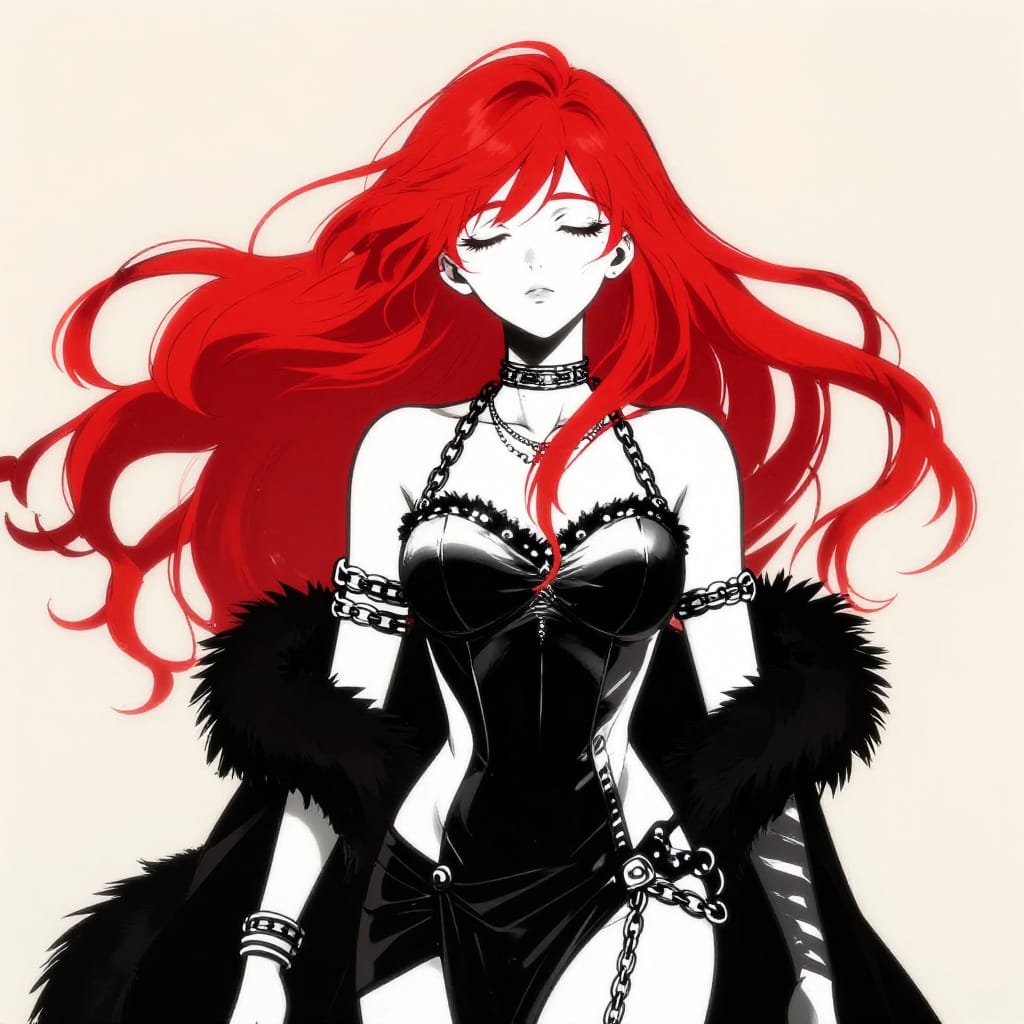 A bold female figure with flowing red hair and layered clothing stands centered, rendered in striking flat colors with screen-print texture. Her calm expression contrasts vibrant reds against crisp black and white, creating a balanced, graphic aesthetic of soft power and clean lines.