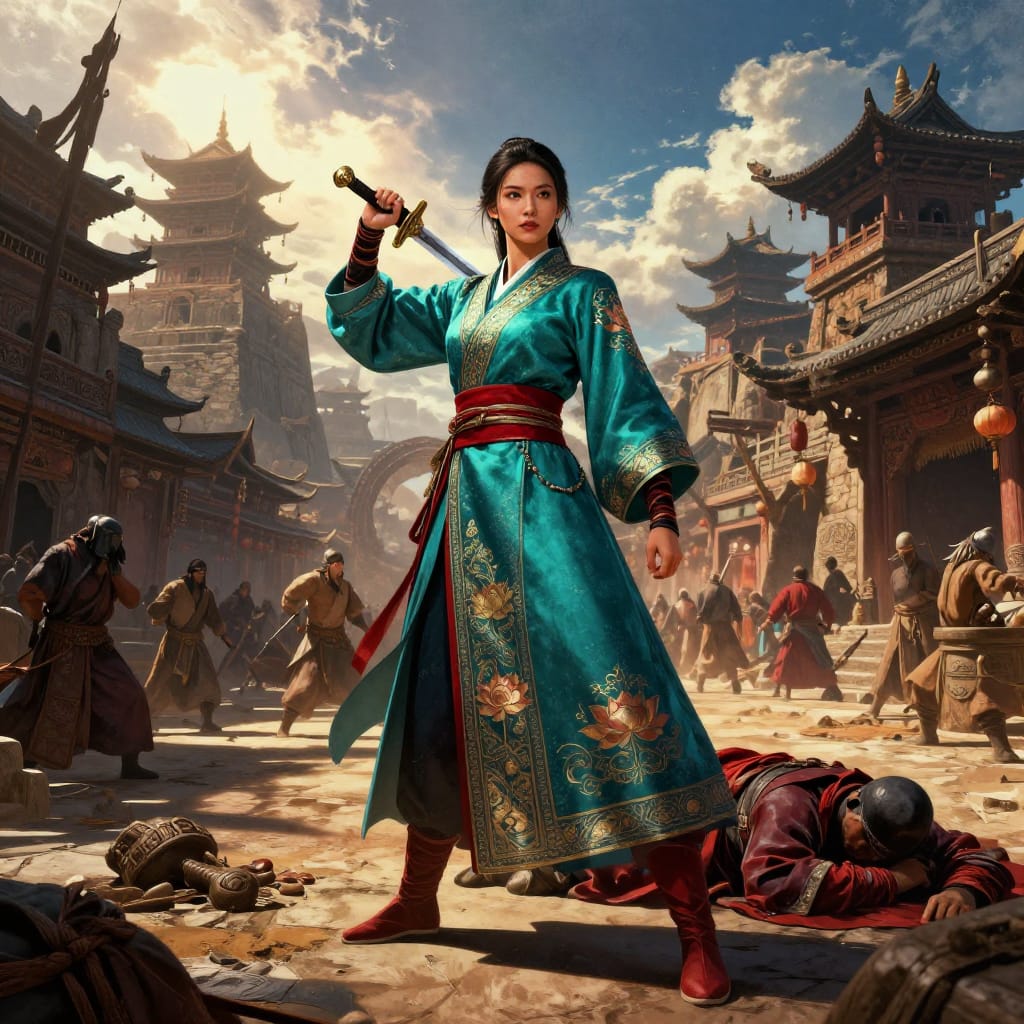 A warrior woman stands over a fallen enemy in a busy Asian market. She wears a teal robe with gold embroidery, red sash, and boots. Bright sunlight highlights her armor and sword. Behind her, ancient buildings and crowds add drama. Colors are rich, lighting sharp, and the scene feels intense and victorious.