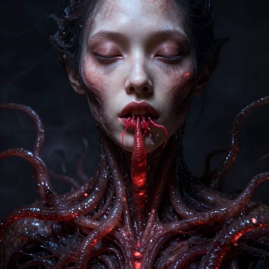 A woman’s face and upper body in extreme detail. Her skin shows pores and veins, with red, worm-like appendages spilling out her mouth. Tendrils glow faintly, their exoskeletons catching light. High contrast lighting highlights her face, while a stormy, dark background adds eerie isolation. The mix of vivid reds and dark tones creates a haunting, surreal horror scene.
