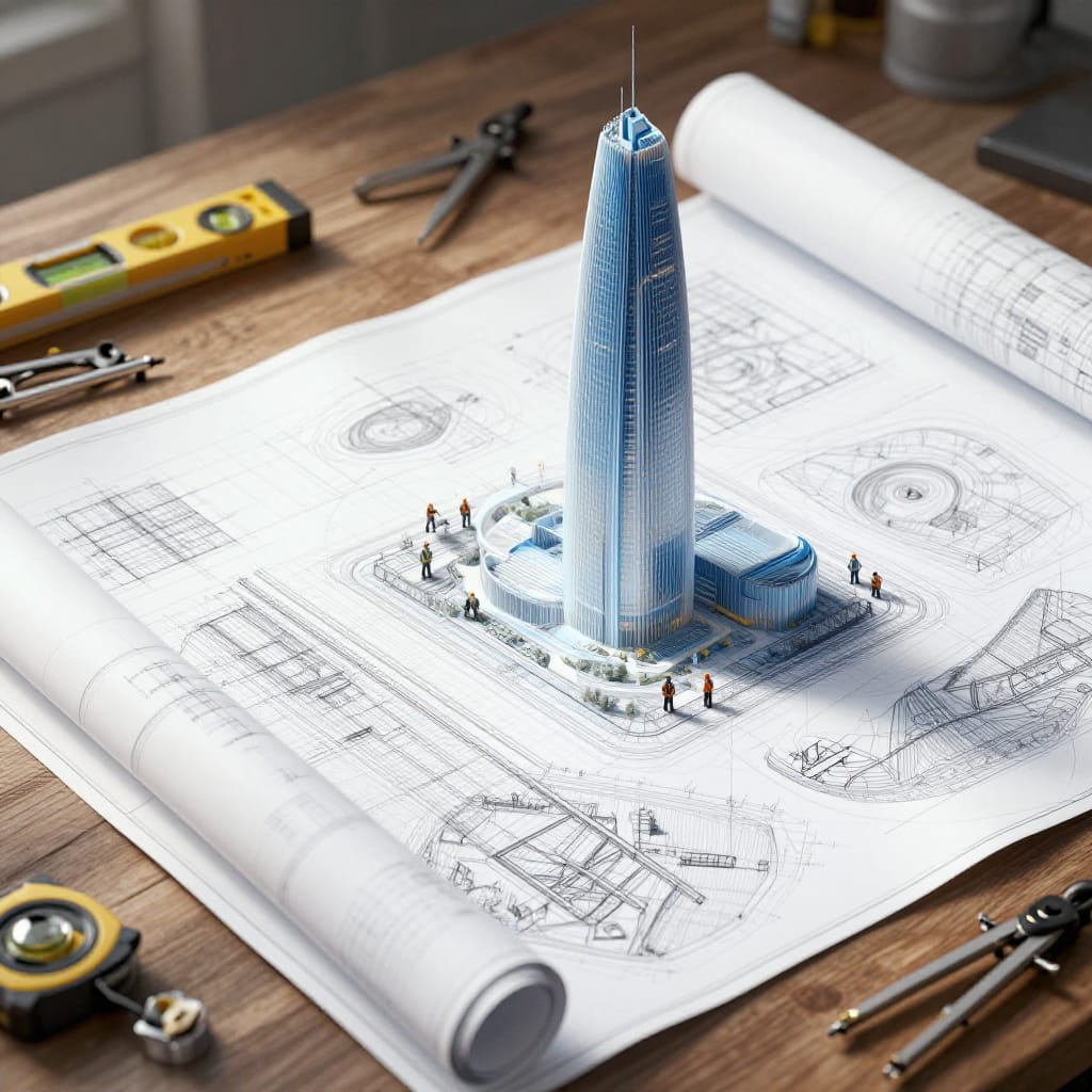 Digital art shows Helix Tower with detailed blueprints and a 3D model. Tools and workers add to the scene. Cool colors and precise lines highlight the mix of old planning and new tech.