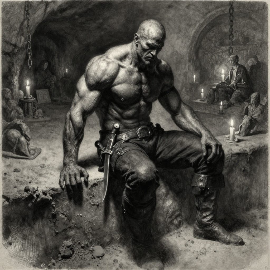 Bounty hunter with scars and leather sits in candlelit pit. Dutch angle shows his power and danger. Shadows dance, chains hang, audience in distance. Tactile details add intensity.