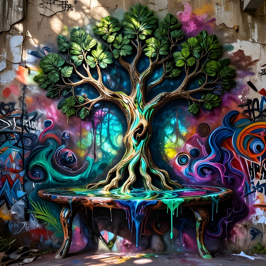 A surreal graffiti mural on a cracked wall features a glowing petrified tree coat rack and a mirror reflecting a dreamlike room of floating objects and blended colors. The vibrant yet chaotic palette and dramatic light create a mysterious scene.