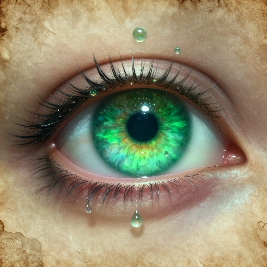 A glowing green eye with dewy droplets and alien-like structures floats above. Thick lashes catch light, creating a teary, starry effect. The background is textured parchment with soft lighting. Colors mix emerald, blue, and earthy brown for a surreal, mysterious feel.