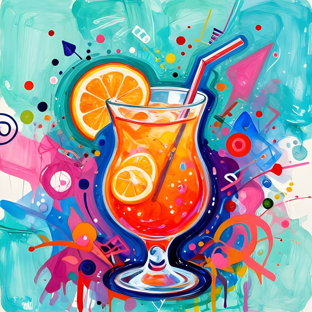 A lively orange cocktail sits in a glass, surrounded by splashes, drips, and colorful geometric shapes. The background bursts with bold teal, turquoise, and magenta hues, creating a dynamic, energetic mix of fun and creativity.