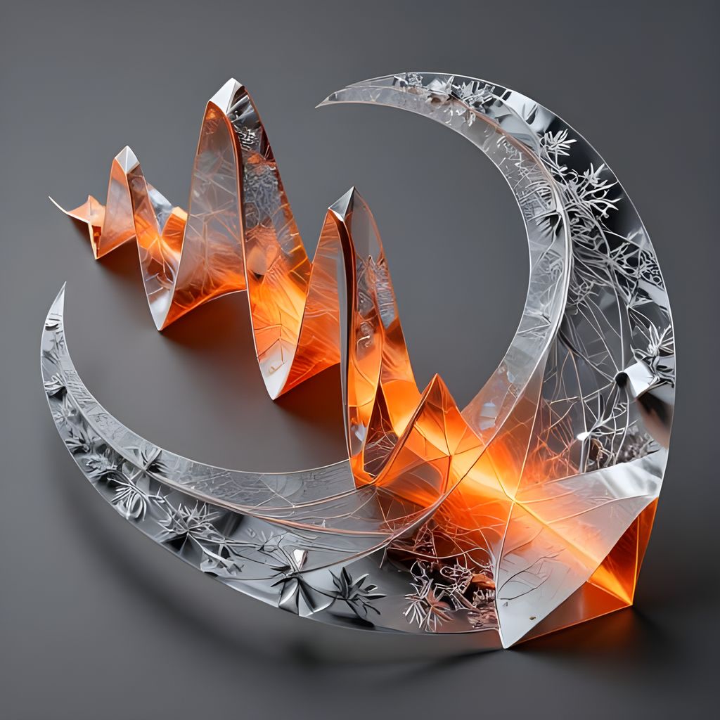 A data visualization sculpture made of hand-folded origami on metallic paper with transparent aluminum and crystal growth. Arranged in a golden spiral, it features a frozen sine wave and uses a warm fire palette from orange to ash grey.