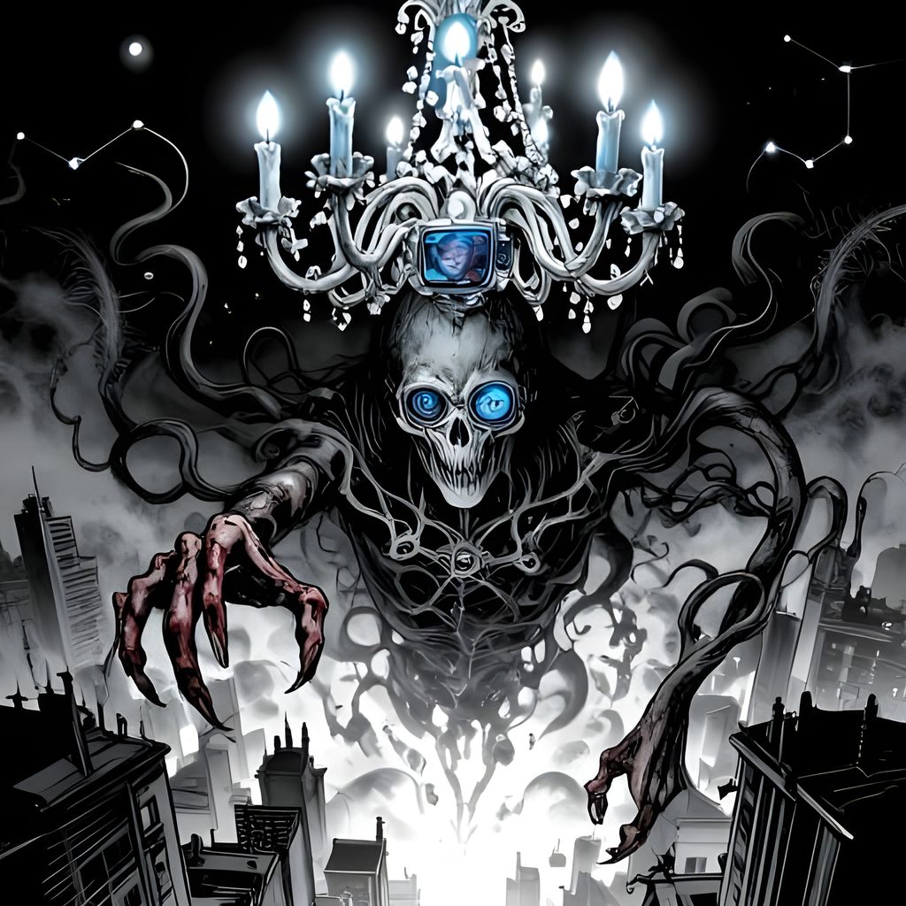A towering figure floats above with bone fragments and glowing blue candles. Its eyes show the viewer’s face in pixelated detail. Tentacles with suction cups reach down, leaving marks on elongated fingers. The scene is set on a rooftop at dusk, with mist hiding the city and stars as glowing spheres instead of constellations. Heavy blacks and stark whites create dramatic contrast.