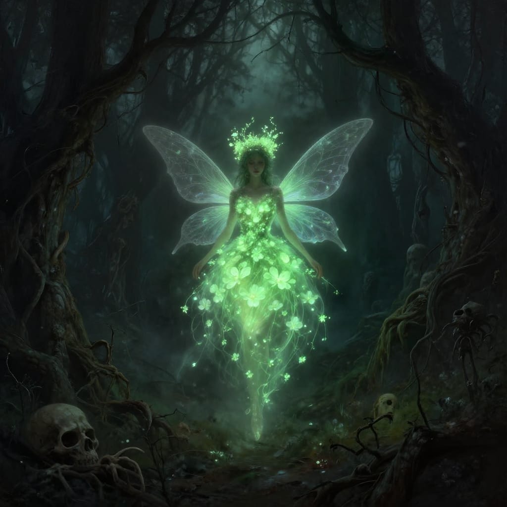 Fairy with glowing wings floats in dark, foggy forest. Her green-petal dress shines against shadowy trees and skeletal remains. Muted colors contrast with glowing green, creating quiet magic and subtle tension.