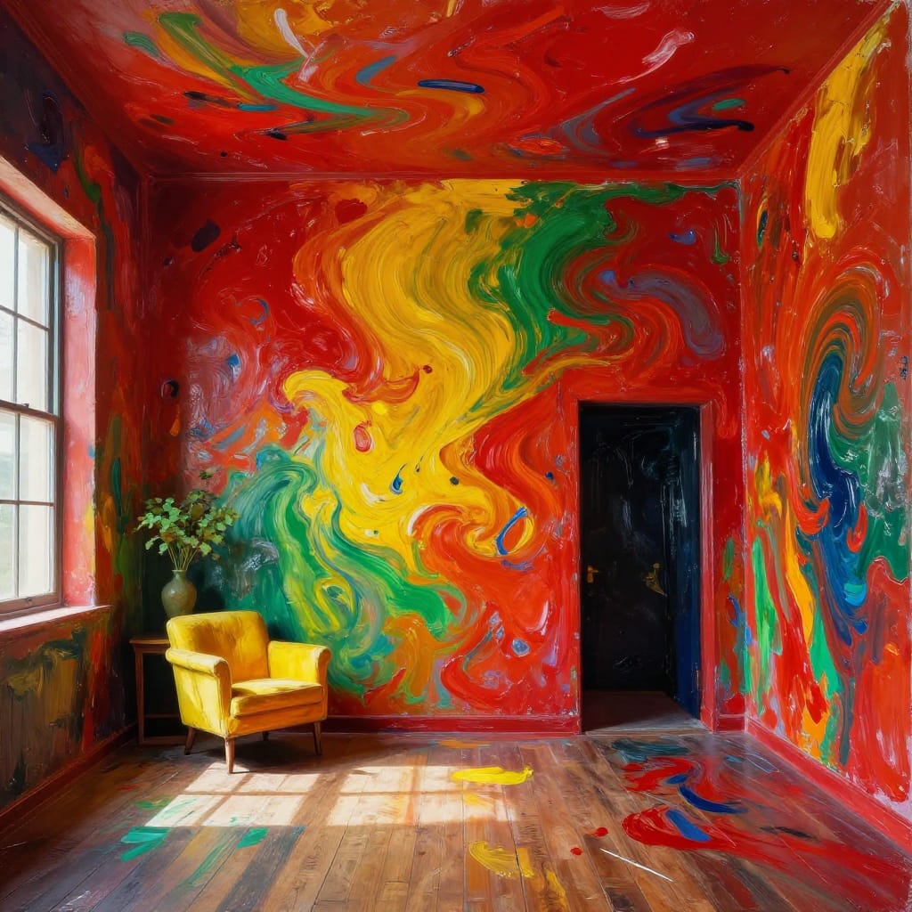 Vibrant wall art with swirling red, yellow, and green paint dominates the space. A wooden floor contrasts with the bold colors. A yellow chair and small table sit near a window casting soft shadows. The room feels alive with energy and intense emotion.