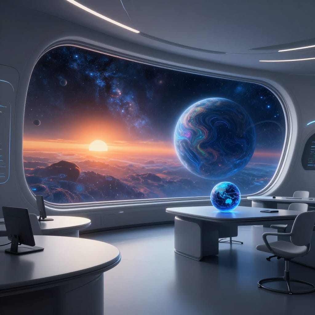 A futuristic classroom with a curved window showing an alien world. Bioluminescent planet, sunset colors, floating stars. Cool gray tones contrast vibrant blues/oranges. Clean, detailed digital art evokes wonder.