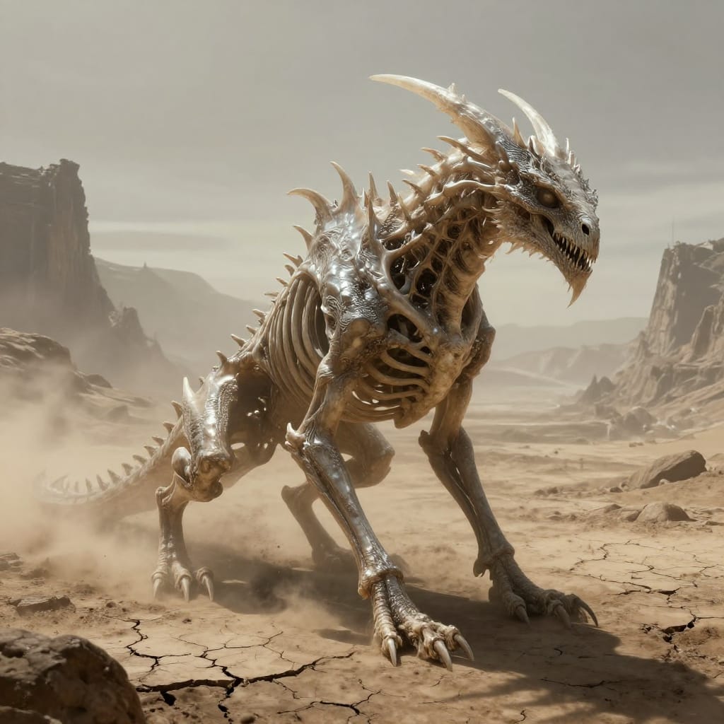 A skeletal dragon stands on cracked earth, its bones glowing faintly. Surrounded by weathered mountains and ruins, soft light casts long shadows, blending muted tones with silver highlights. Feels ancient and lonely.