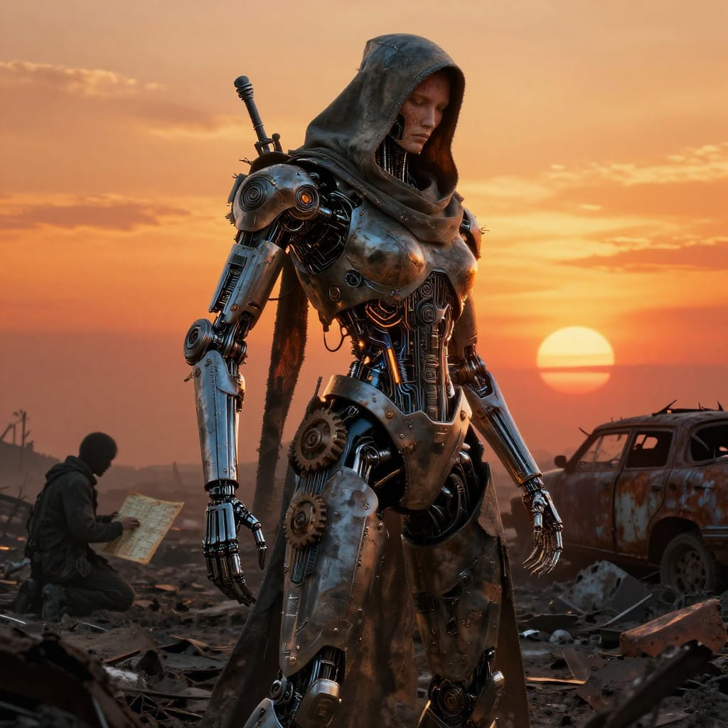 A towering cyborg with gears and circuits stands in a post-apocalyptic city under a warm sunset. Its weathered cloak blends flesh and metal, revealing pores and muscle lines. A human kneels in shadow, holding a tattered map. Behind, a rusted vehicle lies buried in ash. The scene is lit by golden rays, casting long shadows and highlighting the cyborg’s intricate texture. The atmosphere is quiet and melancholic, a fusion of advanced technology and nature’s decay.