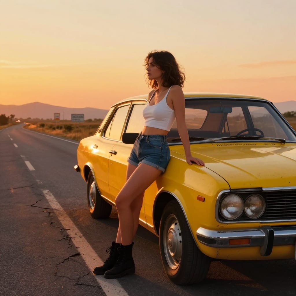 A woman in a crisp white crop top, denim shorts, and black boots leans against a vintage yellow car under a warm sunset. The classic car glows with weathered paint and polished details, casting long shadows across a cracked road lined with faded signs. Mountains fade into soft golden light, creating a nostalgic, gritty scene of quiet adventure.