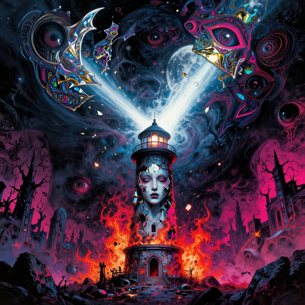 A figure with a shattered mirror face stands at a lighthouse, its beam slicing cosmic fog. Metallic accents shimmer as eyes in walls and water track the scene. Stained glass shows burning cities and fractured skies. Vibrant colors clash against dark voids—tense, dreamlike, and creepy.
