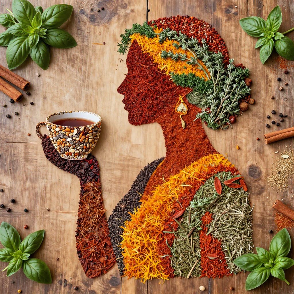 A woman made of spices and herbs stands on a wooden table. Her head is saffron, cardamom, cumin. Hair is dried parsley and thyme. She holds a seed-filled cup. Spices like cinnamon and cloves surround her. Natural light highlights warm colors and fresh greens. Artistic collage style blends food and art.