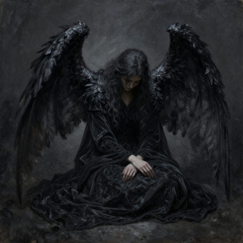 A figure with big dark wings sits cross-legged, head down, dressed in a dark velvet dress. Surrounded by shadows, the mood is sad and quiet, with detailed wings and dress in monochrome tones.