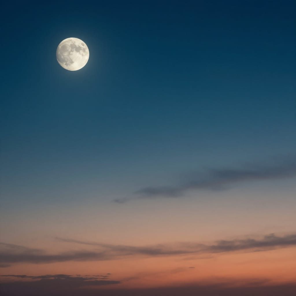 Nighttime scene with a bright moon in the upper left. Sky shifts from deep blue to warm peach and pink. Wispy clouds glow softly. Cool shadows blend with warm light. Subtle reflections add calm mystery. Rich colors create quiet majesty.