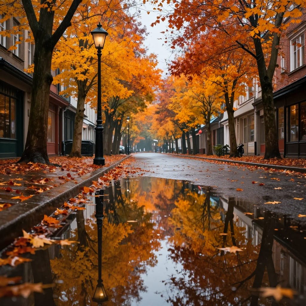 A rain-swept autumn street shows yellowed trees with scattered leaves on wet pavement. A puddle mirrors the scene, centered by a lamppost and buildings. Warm autumn colors contrast cool grays under soft overcast light, creating a calm, nostalgic mood.