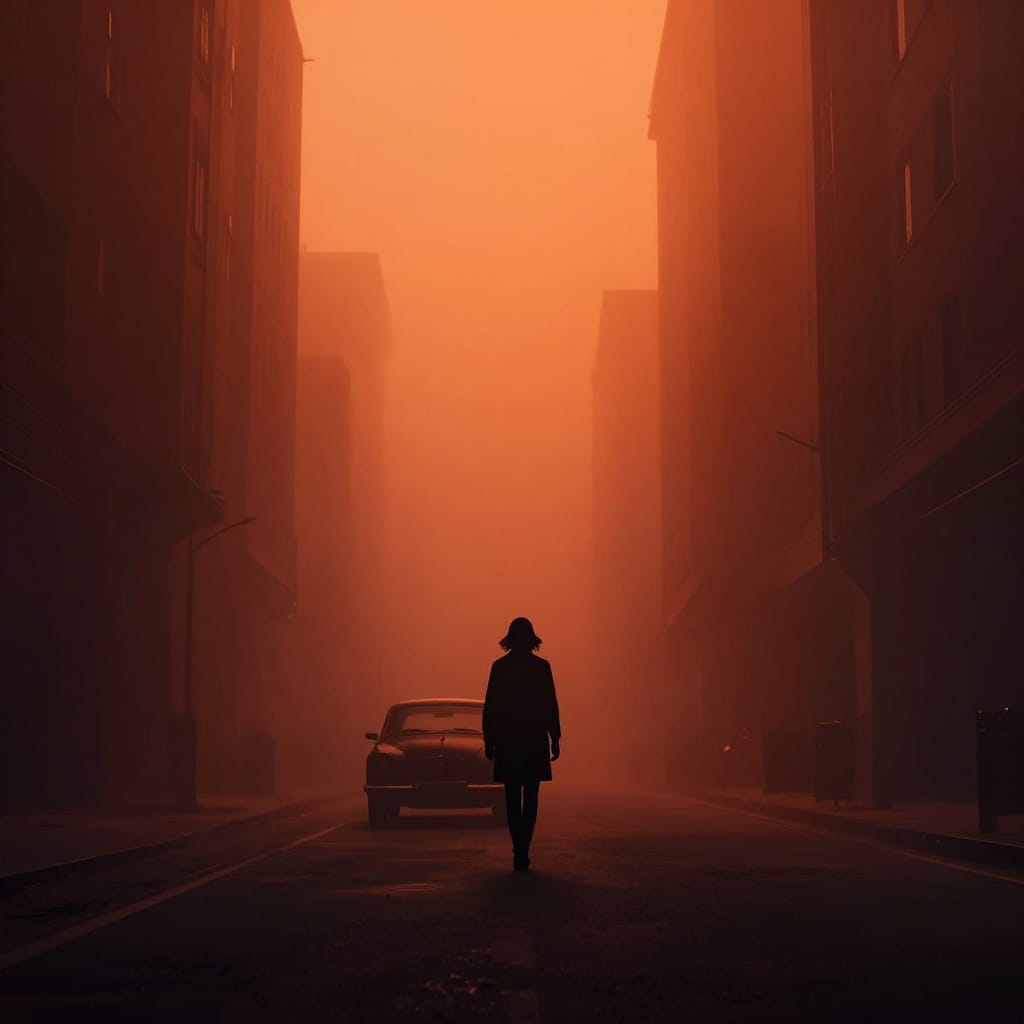A moody urban scene shows a silhouetted figure beside a vintage car on a foggy street. Towering buildings create a canyon-like depth. Warm orange light from above casts deep shadows against a luminous sky. Minimalist details emphasize smooth gradients and contrast between dark forms and glowing light.