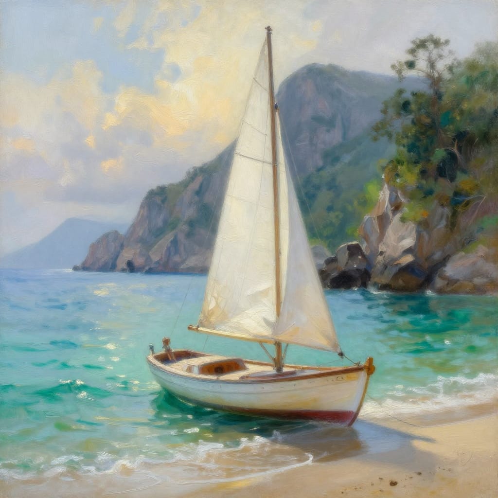 Coastal scene with a sailboat in calm waters. Rugged island and distant mountains frame the view. Vibrant blues, greens, and soft whites create a peaceful, inviting escape.