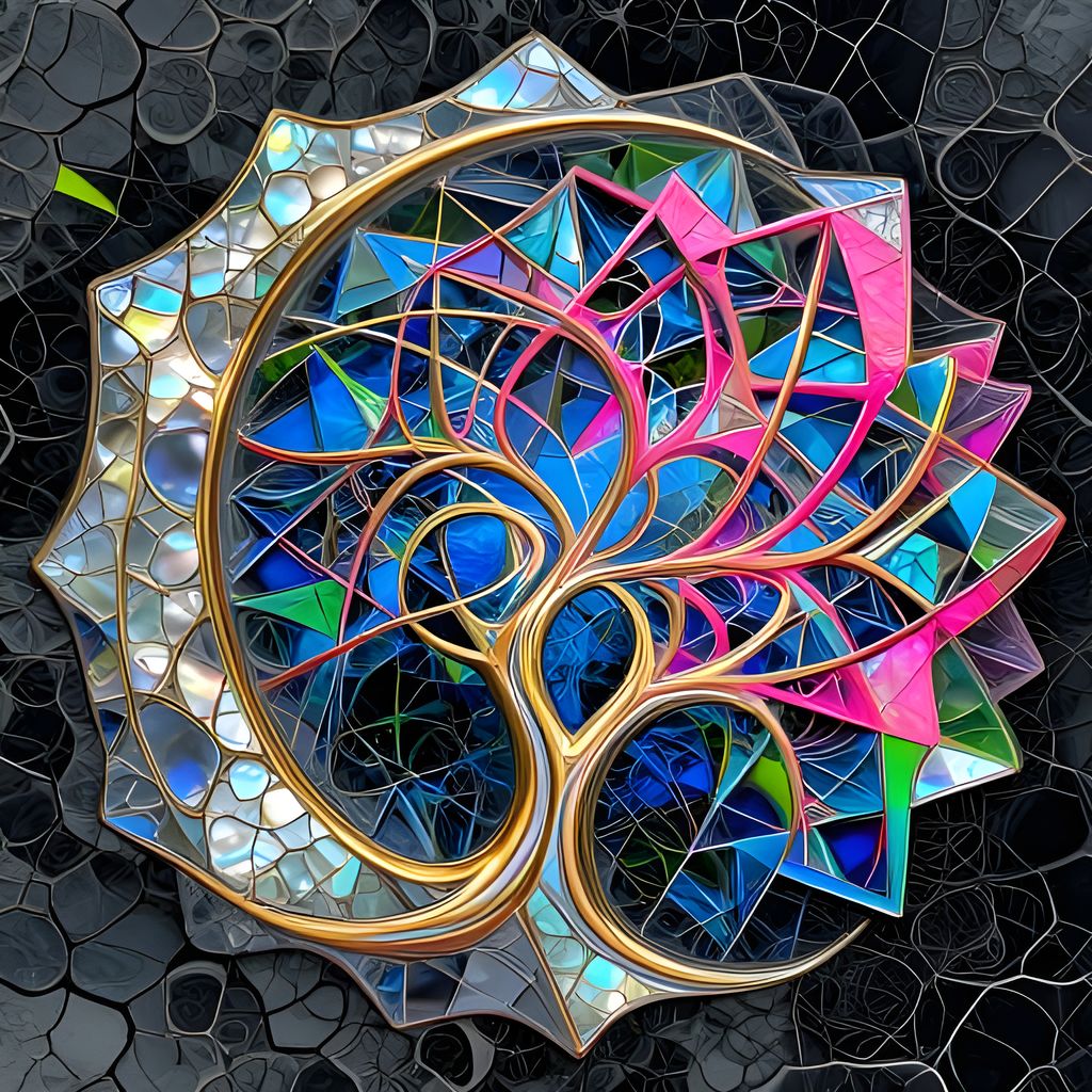 A fused glass Escher-inspired print with layered translucent forms and geometric patterns. A golden spiral guides through fractal trees growing infinitely toward the center. Tessellations flow seamlessly across cracked earth textures. Neon colors—electric blue, hot pink, acid green—burst through dark background. The artwork merges math and nature in a visually stunning, layered design.