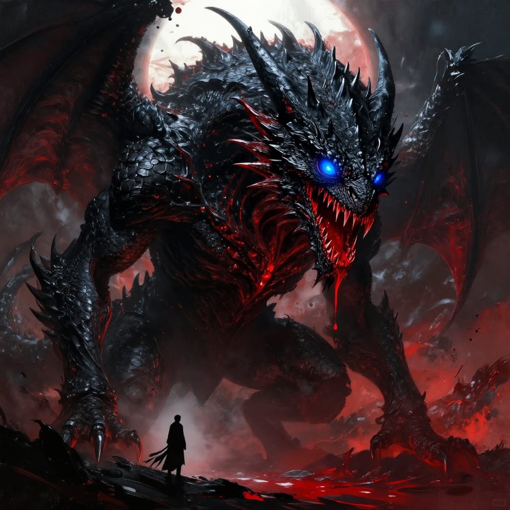 A huge black dragon with glowing blue eyes towers over a small figure in the dark. Red blood drips from its mouth, and sunlight highlights its eerie glow. The scene is intense, with sharp details and deep shadows creating a sense of power and fear.