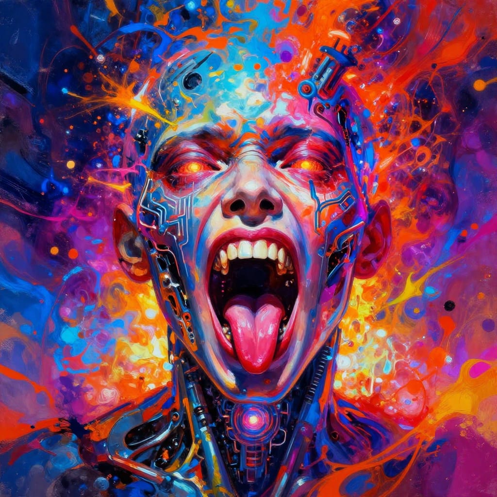 A distorted face merged with metal, glowing circuits, sharp teeth, and a tongue. Vibrant colors clash in a chaotic backdrop. Intense emotion meets machinery in a wild, surreal mix.