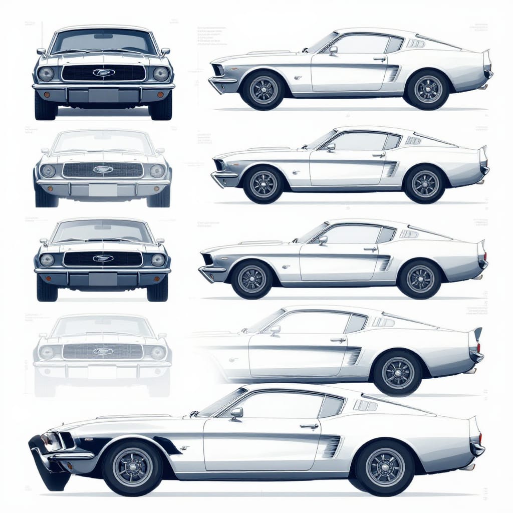 A detailed vector illustration of a classic Ford Mustang in multi-view layout. Clean lines show front, side, rear, and profile perspectives with precise technical details. Flat lighting highlights surface textures and engine specs. Monochrome colors of blue, white, and gray ensure clarity and accuracy.