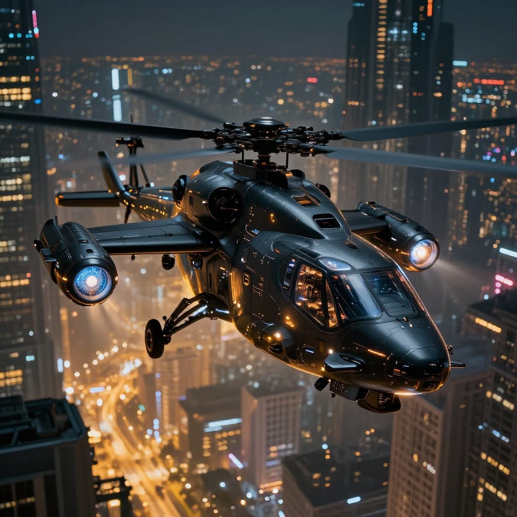A dark, sleek military helicopter hovers over a neon-lit city at night. Glowing engines and cyberpunk details light up the scene. Blurred skyscrapers and dramatic shadows create a cinematic, intense vibe.