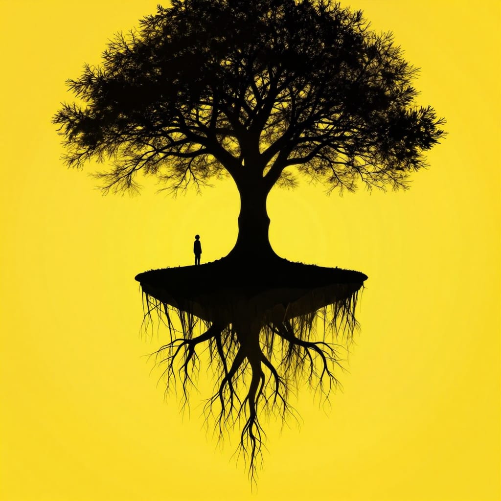 A lone figure stands on a small island beneath a tree with bare roots in a solid yellow background. Backlit, it is a clean silhouette against the glowing yellow, creating stark contrast and quiet solitude.