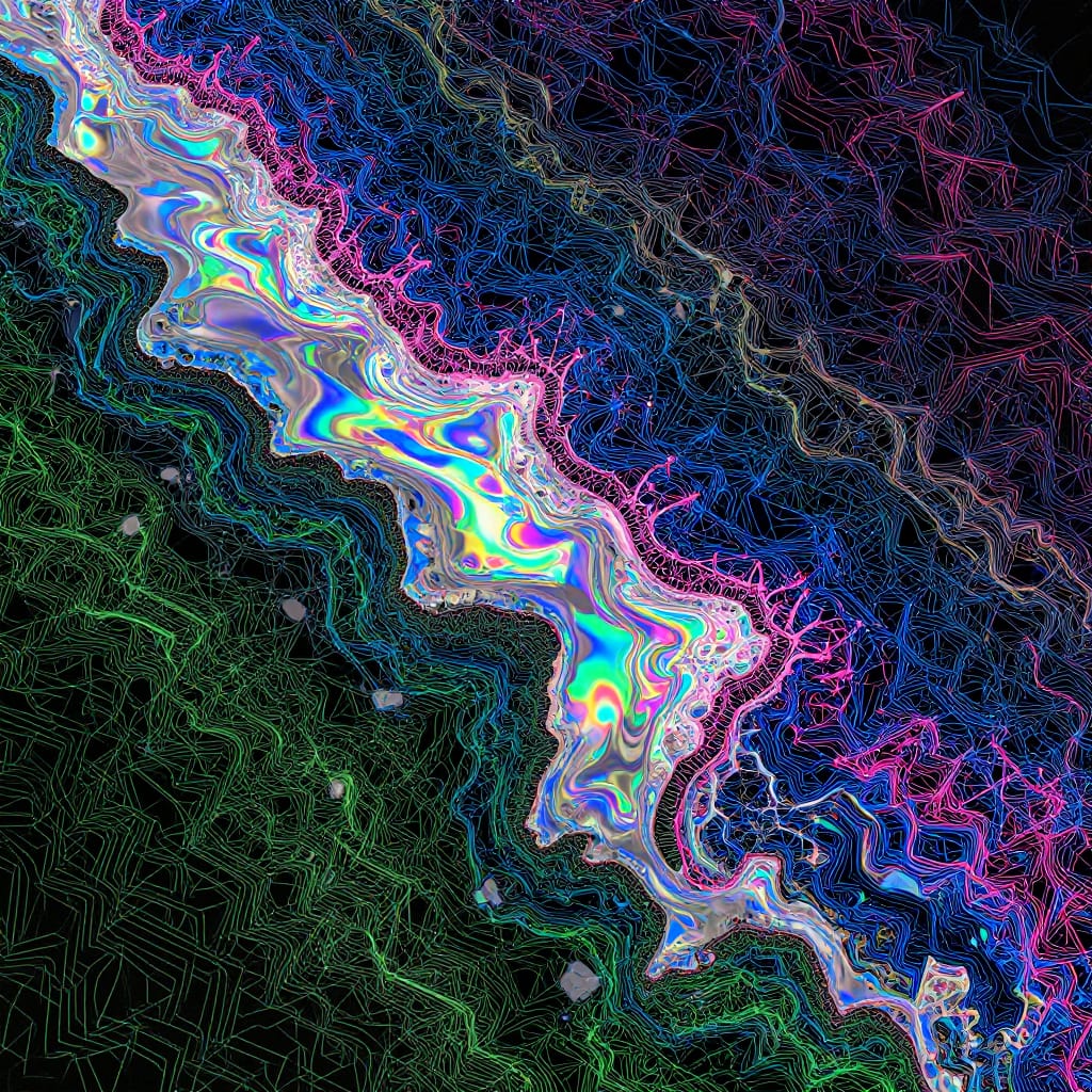 Generative art with clean lines and algorithmic patterns. Titanium and holographic foil create rainbow effects. Fractal coastline zooms infinitely, with light adding shimmer. Neon colors on black background.