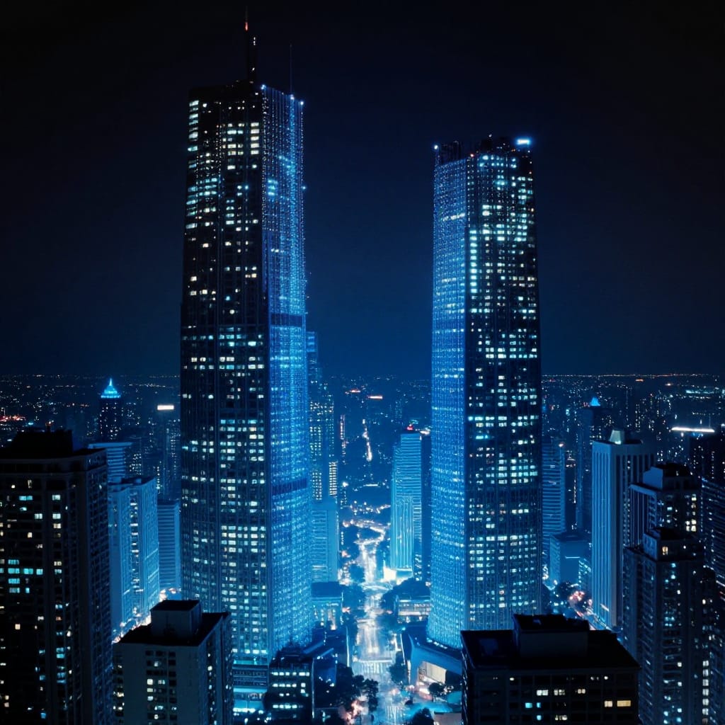 Nighttime city with glowing skyscrapers. Blue lights flow across towers, smaller buildings fade into distance. Soft glow contrasts dark sky. Cool tones, film texture. Balanced, dynamic lines. Feels alive with quiet energy.