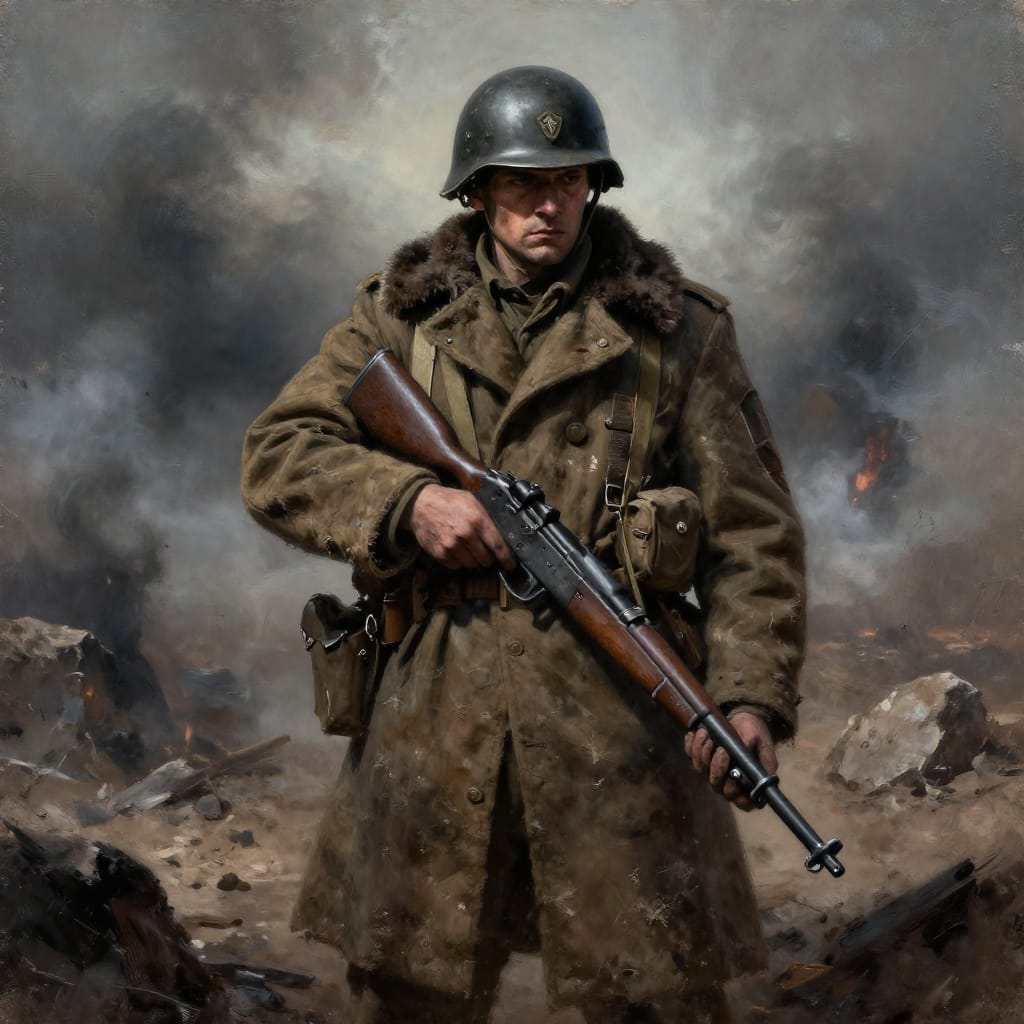 A WWII soldier in full gear stands on a smoky battlefield, his weathered coat and rifle detailed in oil painting style with textured brushwork.