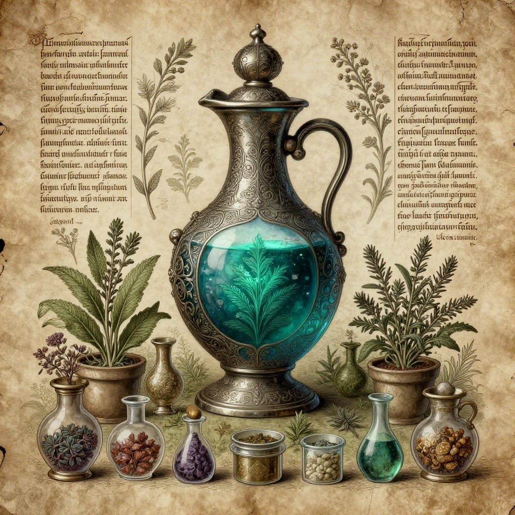 A scholar holds a glowing alchemical jug filled with blue-green liquid, its surface etched with flowers and scrollwork. Surrounding it are detailed botanical illustrations and small glass vials holding powdered herbs. The aged parchment background holds Latin text explaining formulas, all bathed in soft, even light that highlights textures and colors.