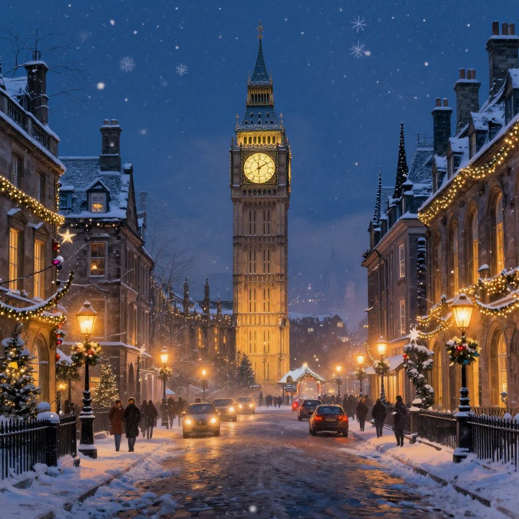 A winter night in a historic city, Big Ben glowing under festive lights. Snow-covered streets lead to the clock tower. Christmas decorations, warm lanterns, and soft snow create a magical, cozy atmosphere.