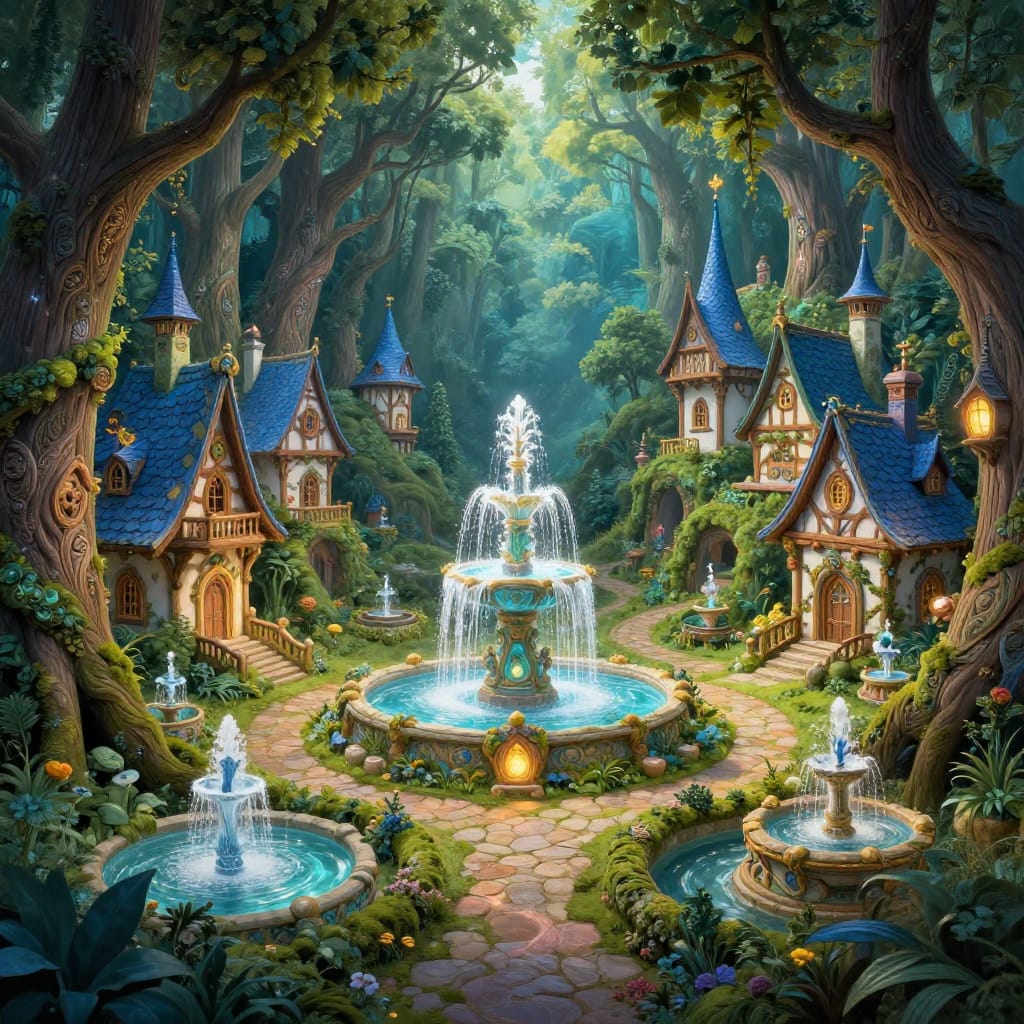 A fantasy village in a magical forest. A grand fountain with smaller ones surrounds paths lined with glowing moss trees. Fairy-tale houses in blue and white sit under canopy. Soft light highlights textures and colors. Serene, magical feel.