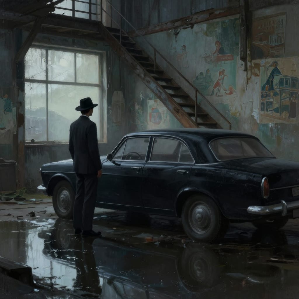 A man in a dark suit and fedora stands near a vintage car in a waterlogged, dilapidated factory. Exposed beams and stairs lead diagonally through large windows revealing a muted sky. Faded murals hang on wet walls, while soft light casts gentle shadows across the polished car and the man's sharp silhouette. The scene feels melancholic, quiet, and mysterious.