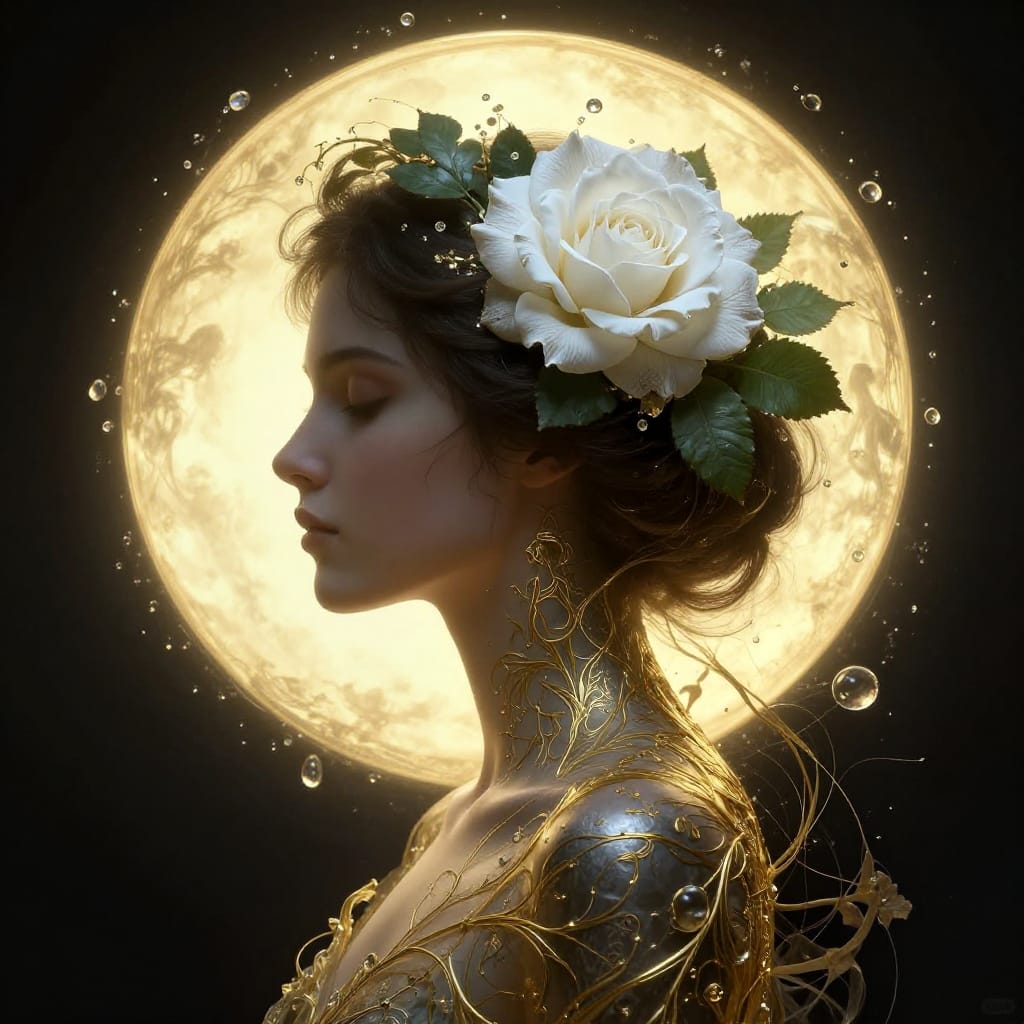 A woman with dark hair and a large white rose sits in a golden halo, surrounded by luminous vines and distant figures. Soft light highlights her face and petals, creating a mystical, serene scene of divine beauty.
