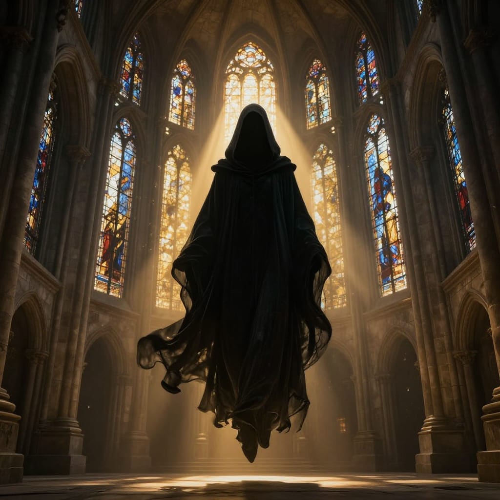 A hooded figure floats in a vast cathedral, its dark cloak catching light through stained glass. The scene is filled with deep shadows, golden beams, and eerie silence—timeless mystery in stone and light.
